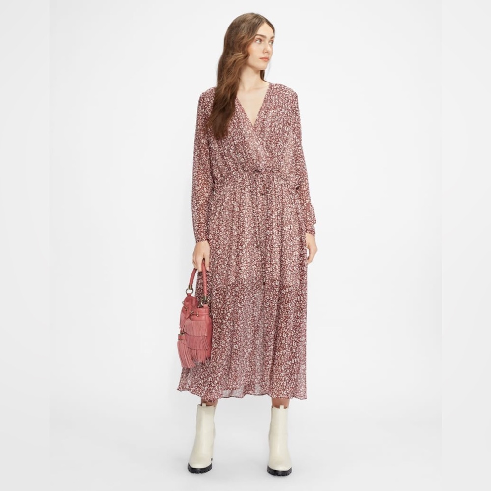 Ted Baker London Draped V-Neck Long Sleeve Animal Print Midi Dress Nwt